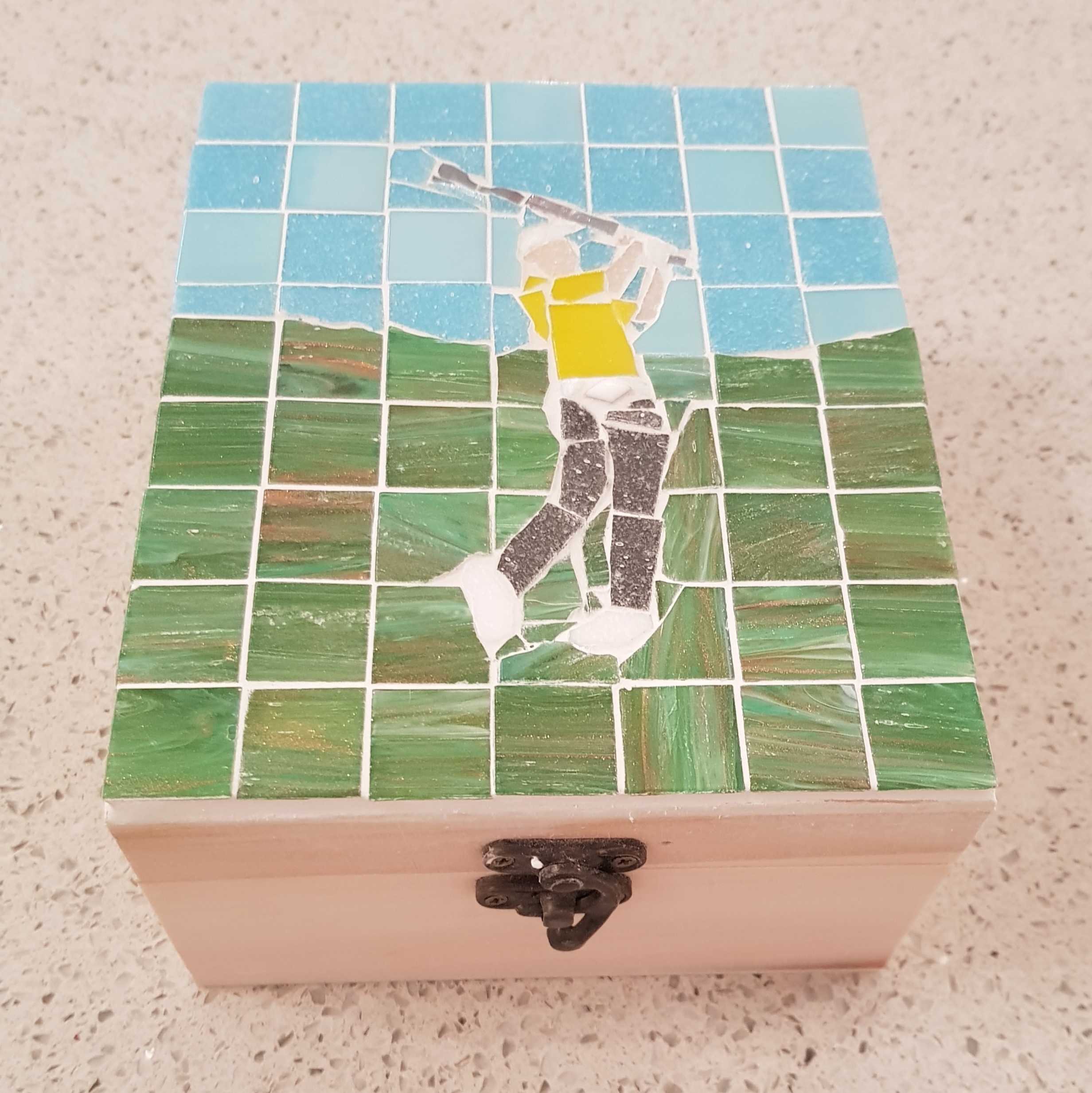 Male Golfer Mosaic on a Wooden Box