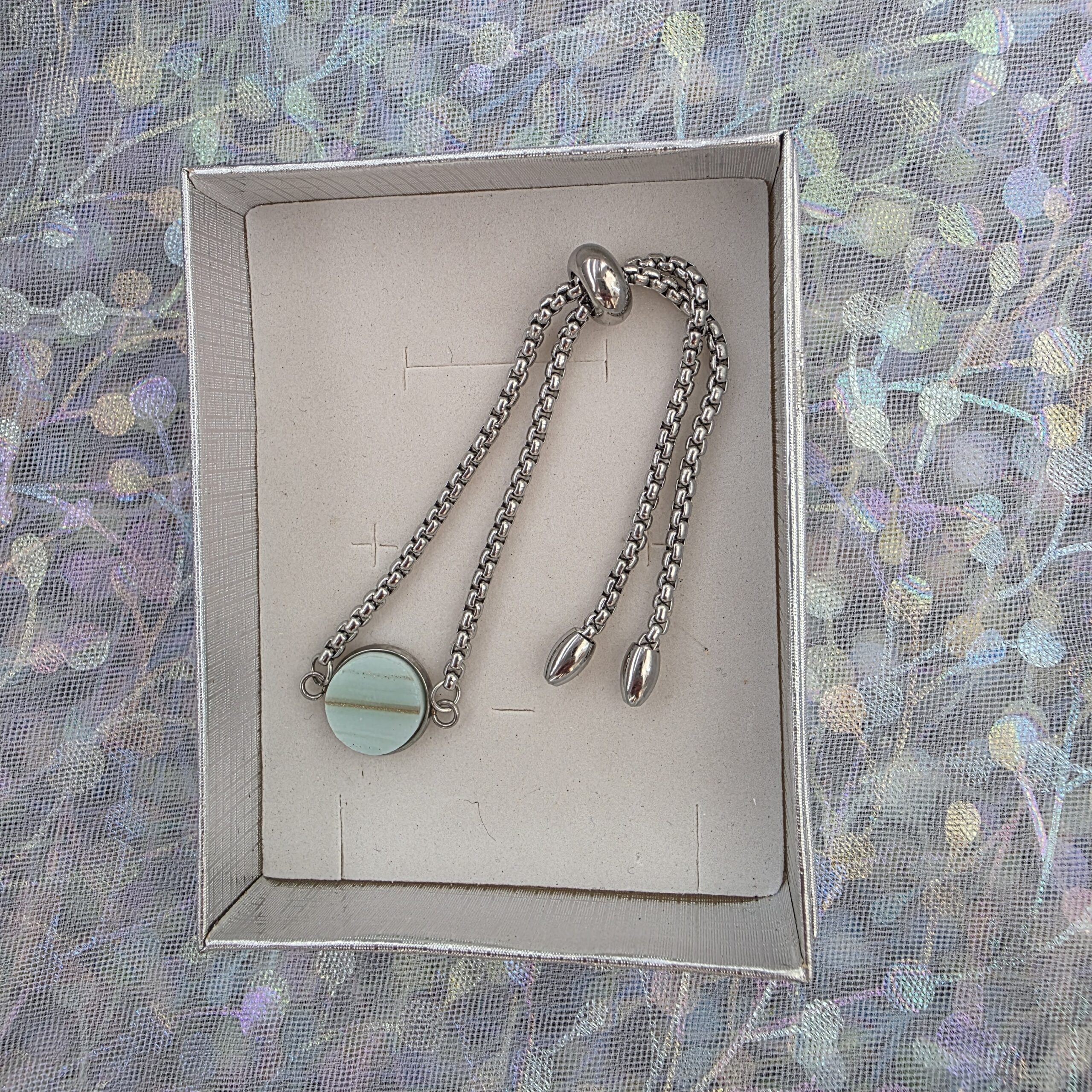 Adjustable Bracelet with Light Teal Metallic Glass - Image 3