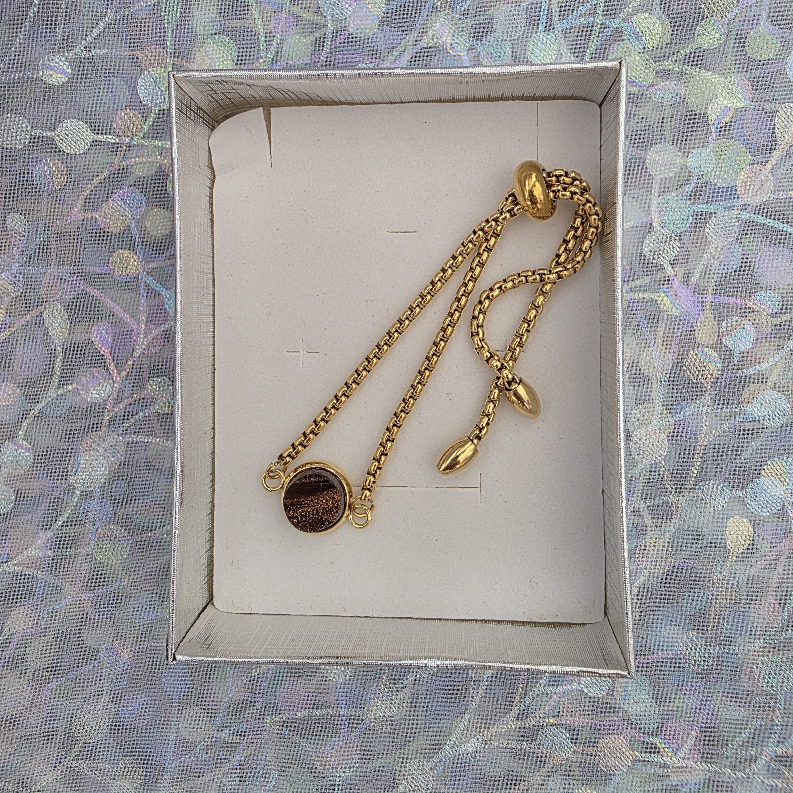 Adjustable Bracelet with Copper and Brown Metallic Glass