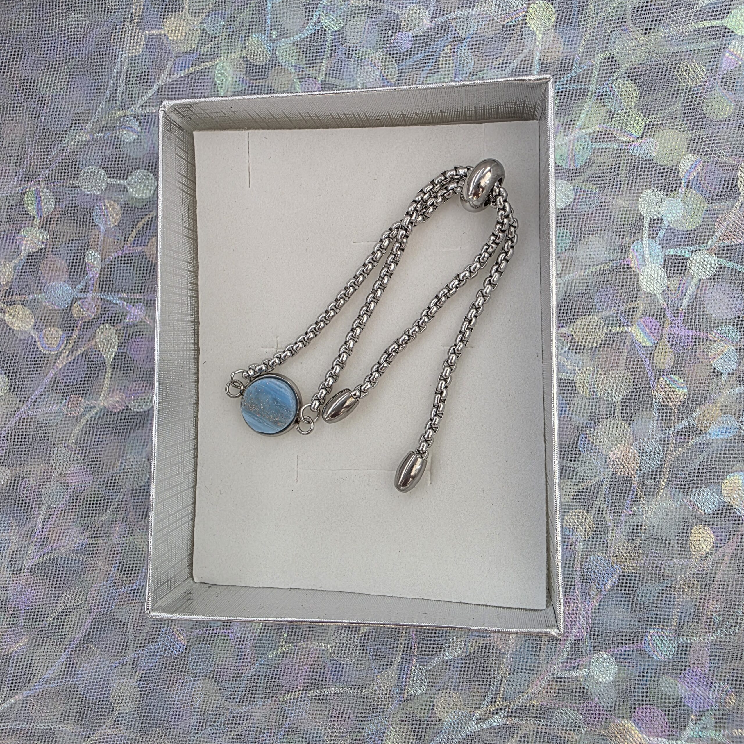 Adjustable Bracelet with Pale Blue Metallic Glass - Image 3