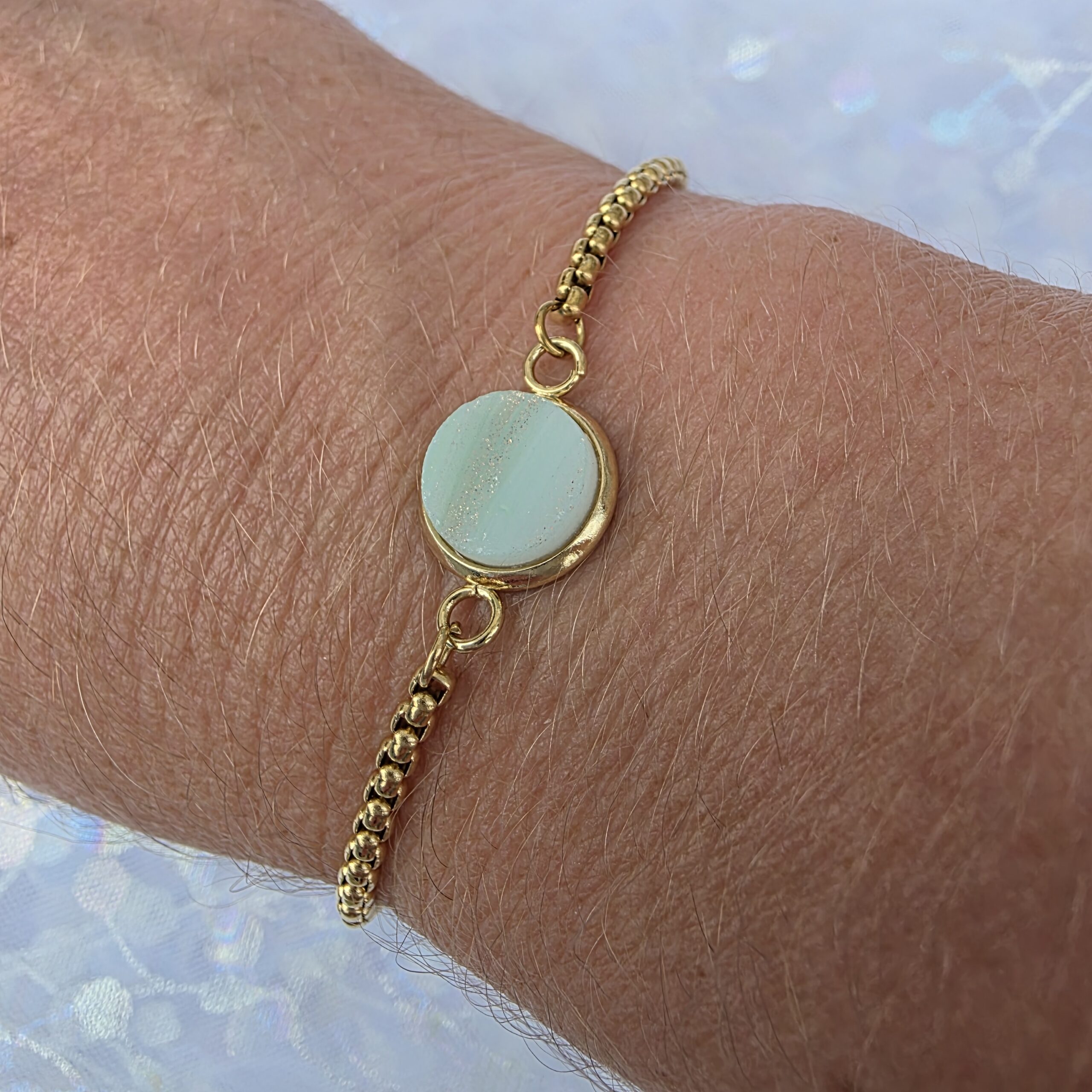 Adjustable Bracelet with Light Teal Metallic Glass