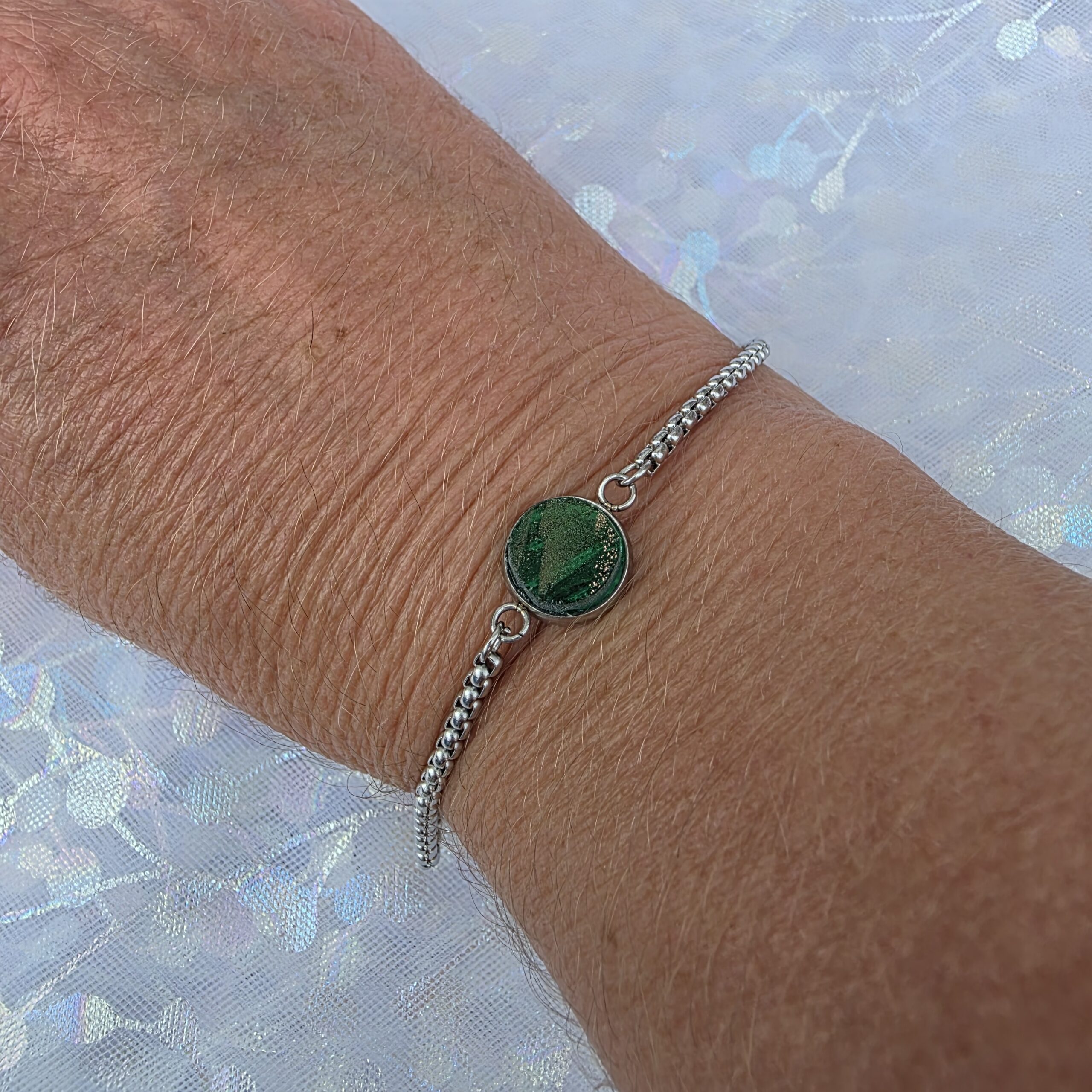 Adjustable Bracelet with Dark Green Metallic Glass