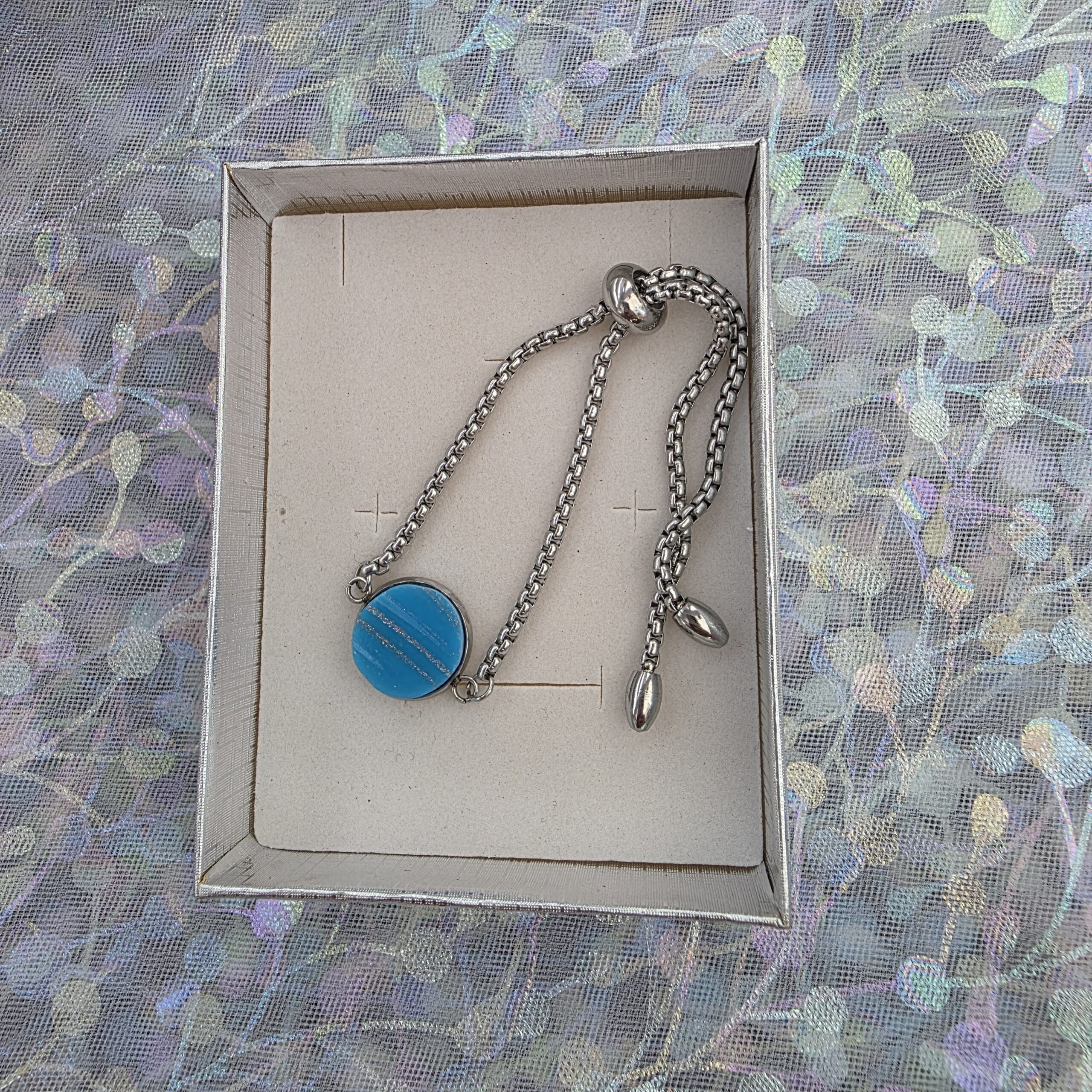 Adjustable Bracelet with Cyan Blue Metallic Glass - Image 3