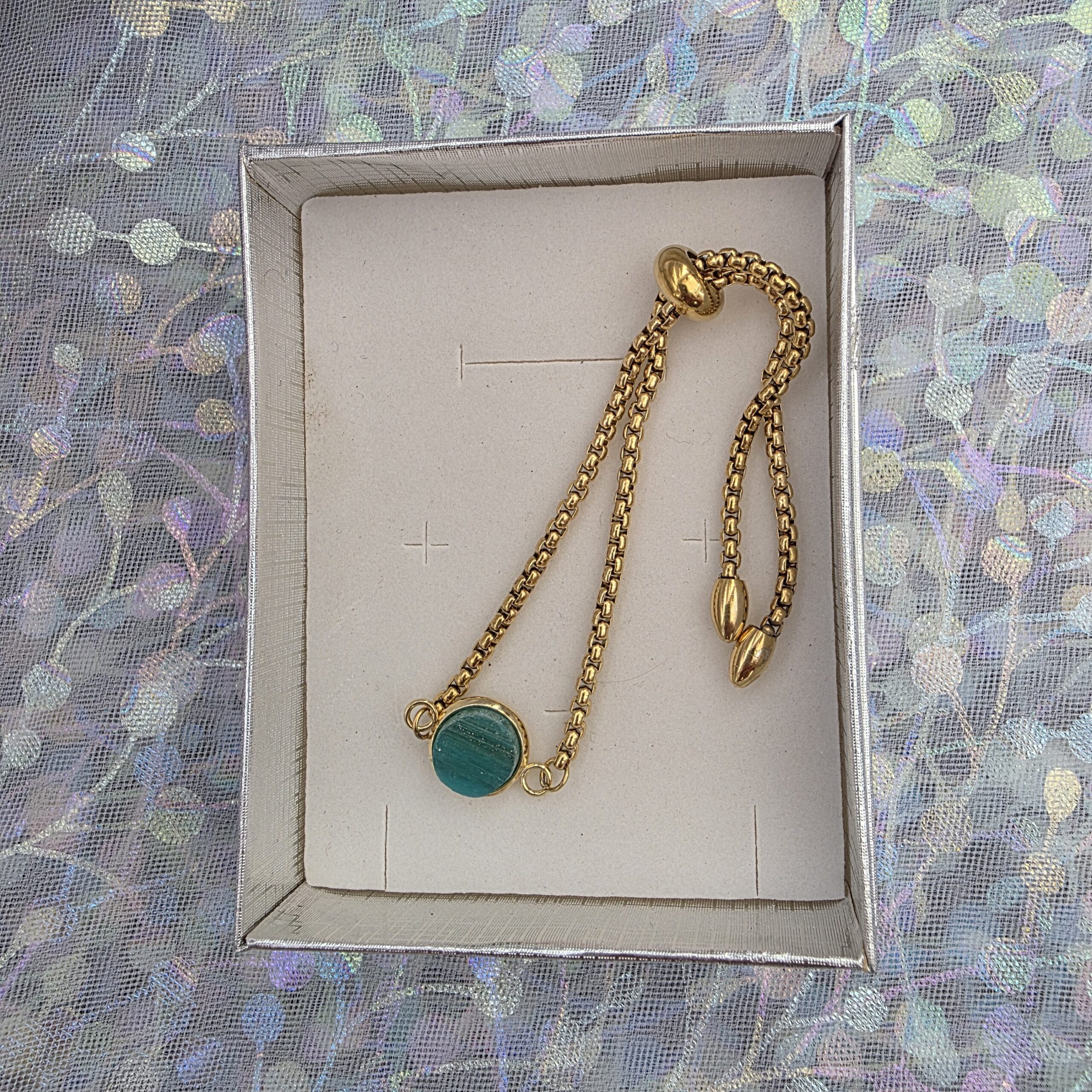 Adjustable Bracelet with Dark Teal Metallic Glass - Image 3