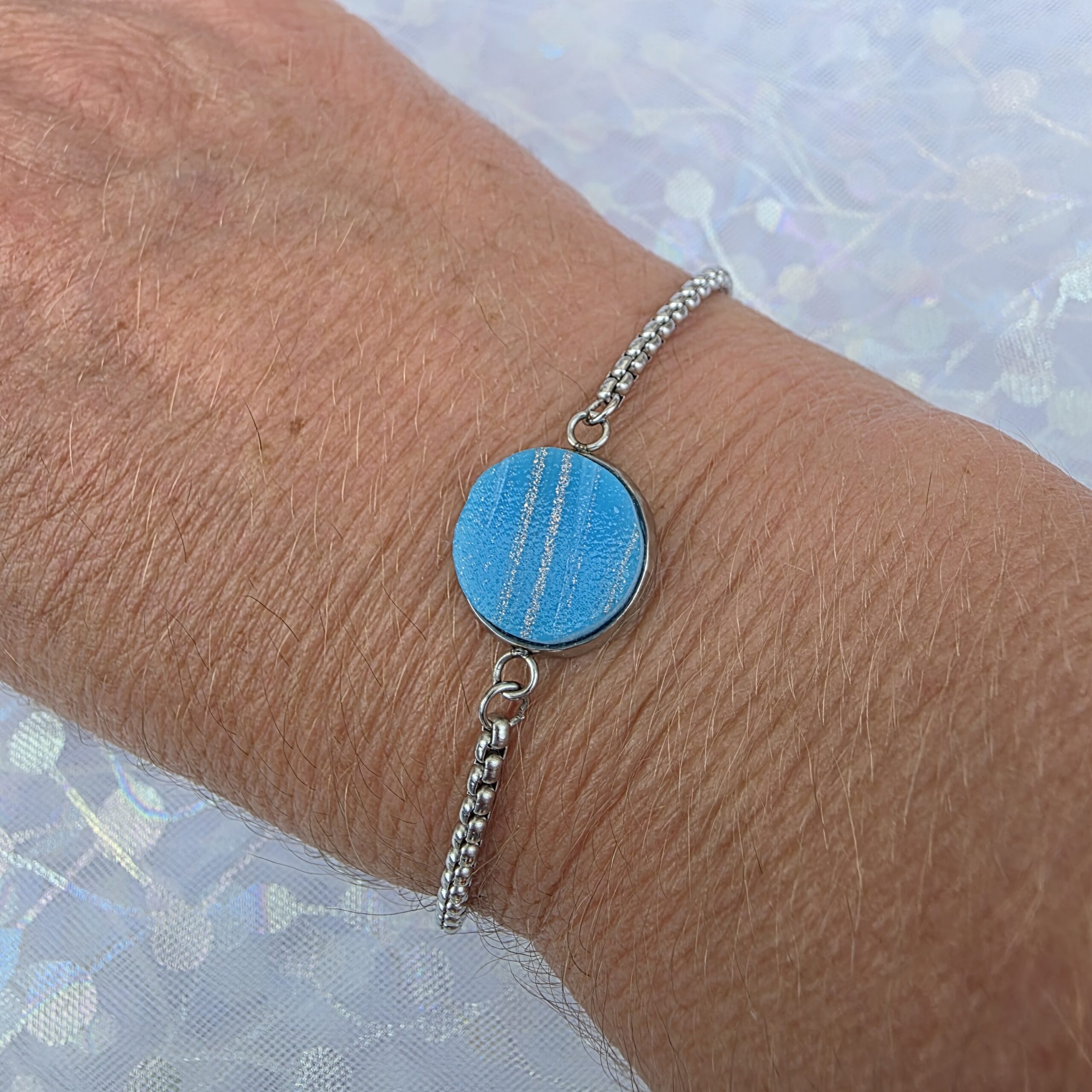 Adjustable Bracelet with Cyan Blue Metallic Glass
