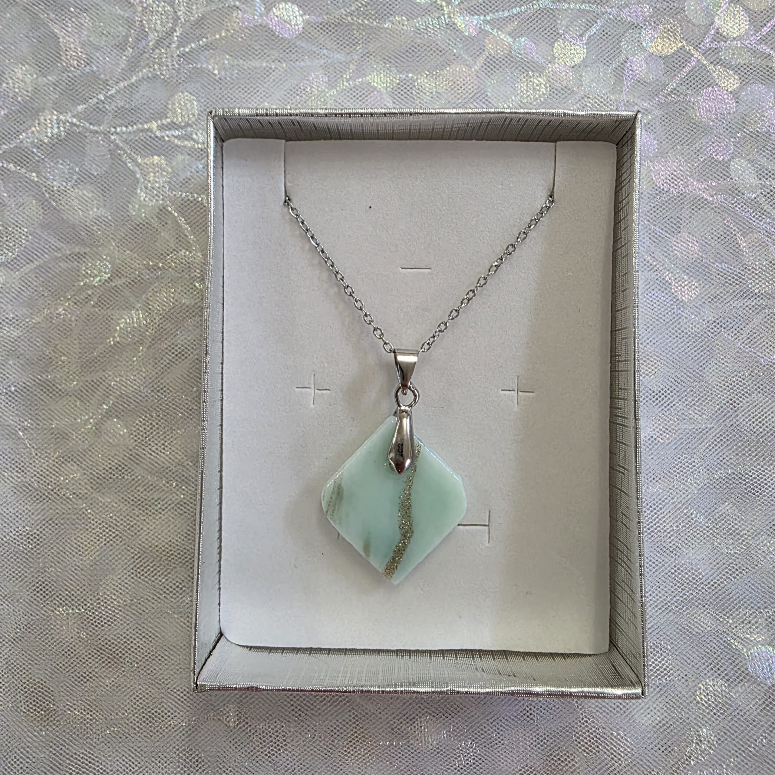 Karen Light Teal Metallic Glass Necklace - Image 4