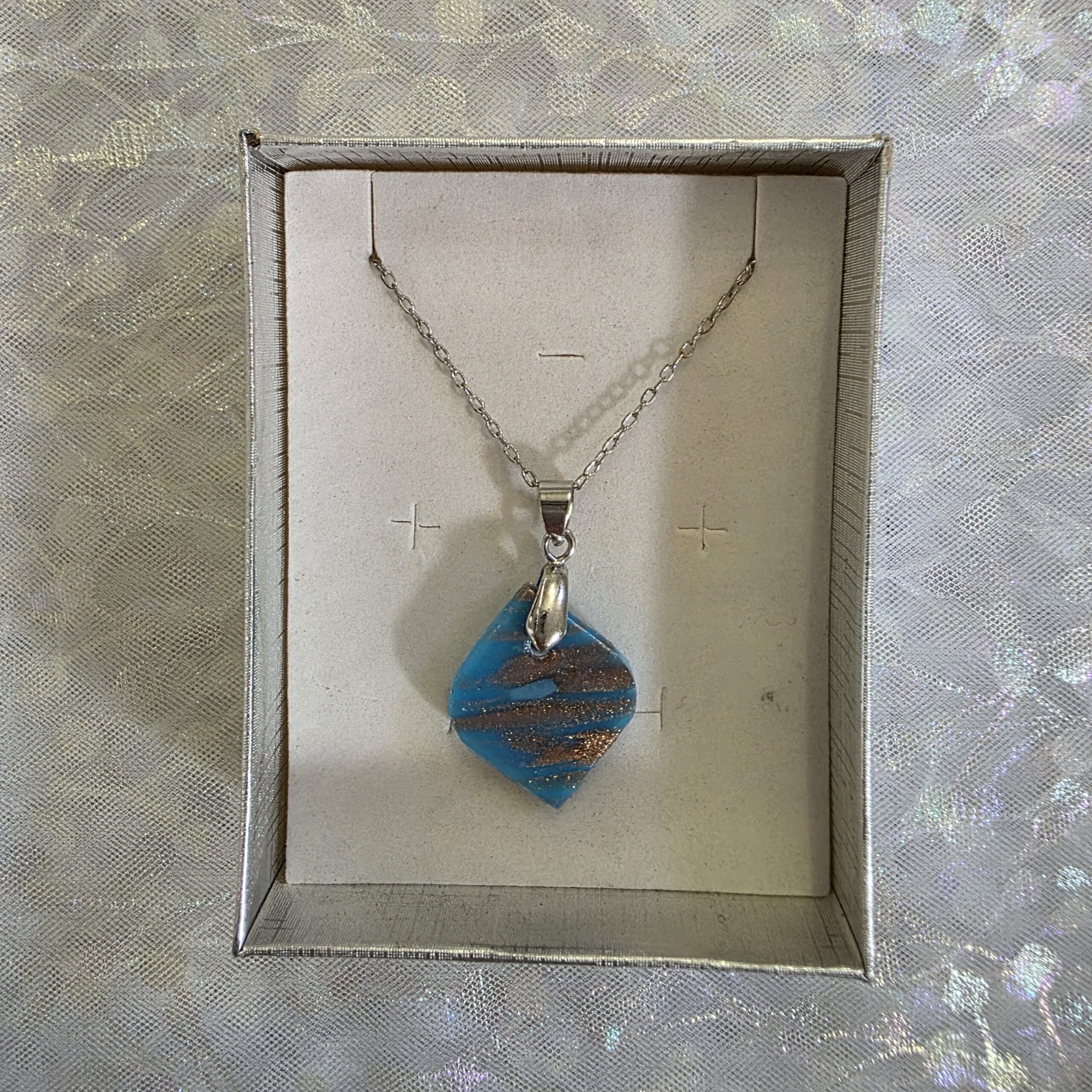 Valerie Cyan Blue Metallic Glass Necklace - Image 4