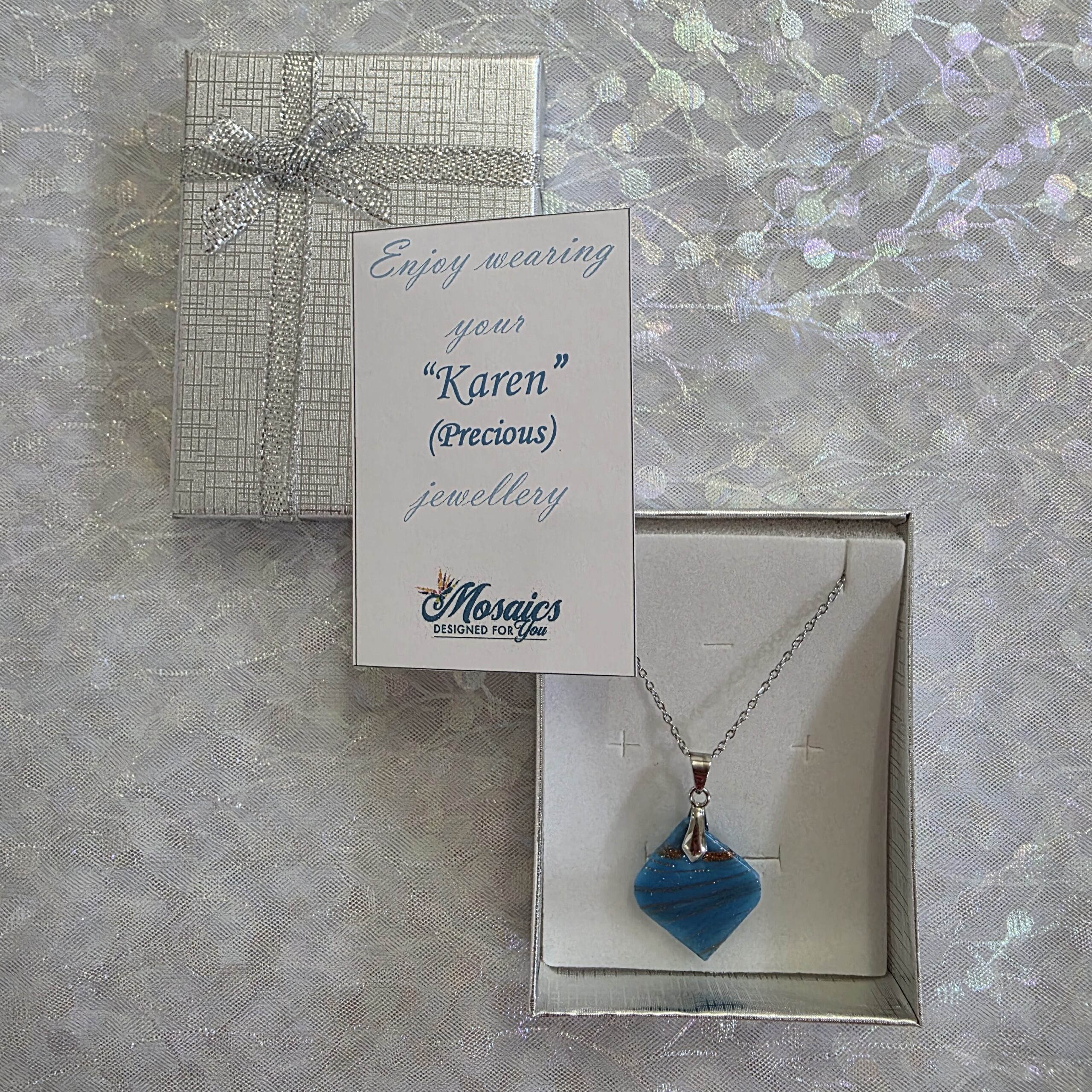 Karen Light Cyan Blue Metallic Glass Necklace - Image 3