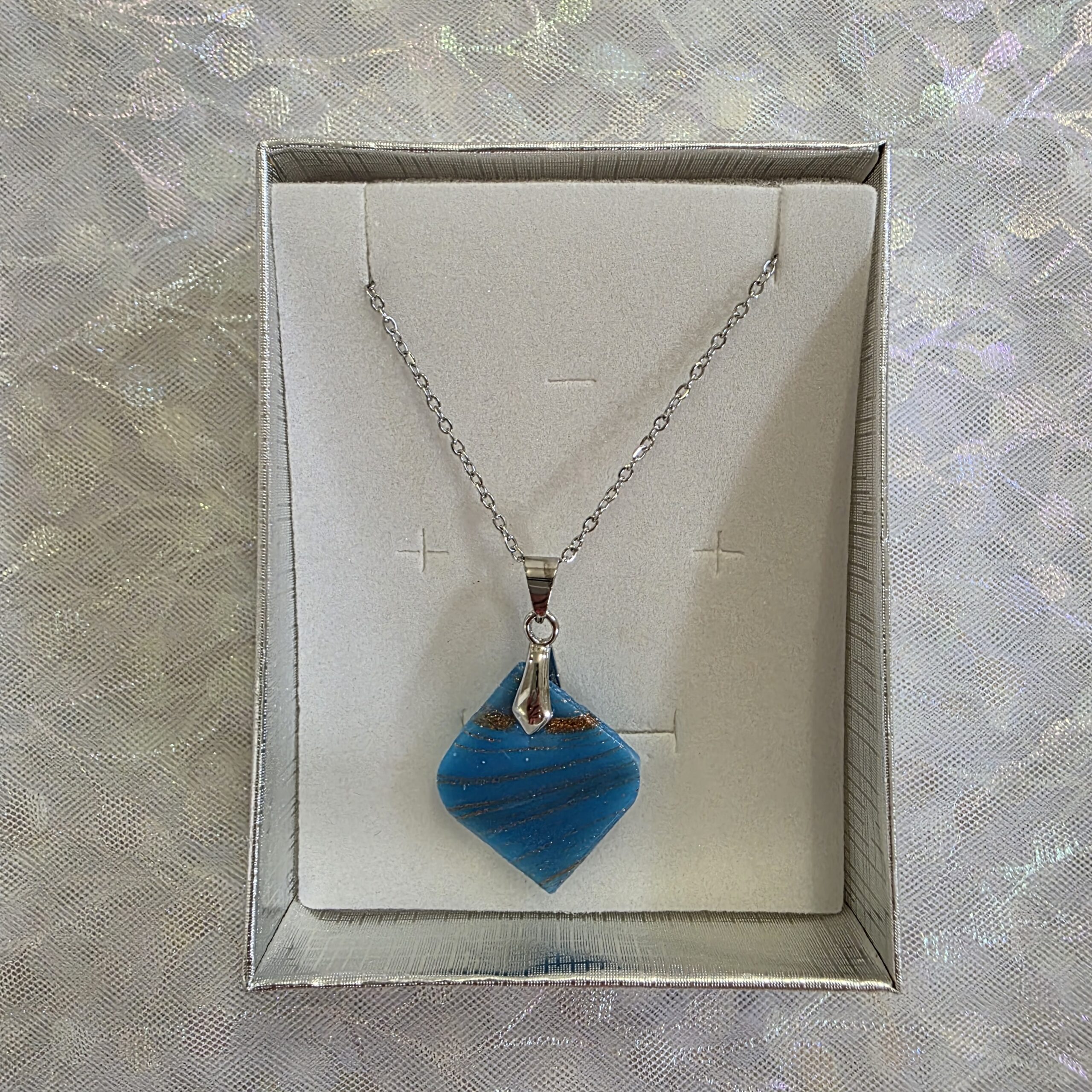 Karen Light Cyan Blue Metallic Glass Necklace - Image 4