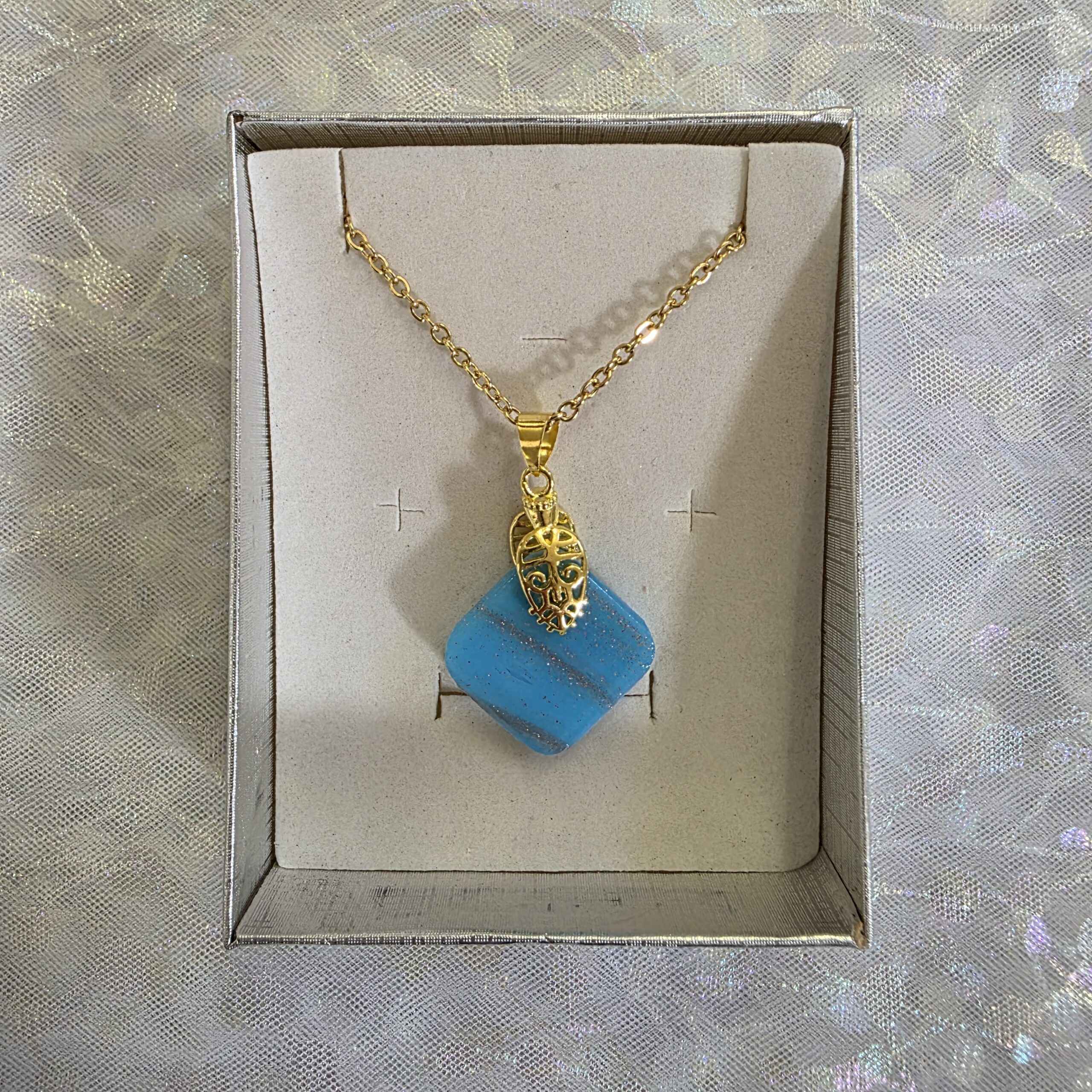 Aitana Light Cyan Blue Metallic Glass Necklace - Image 4
