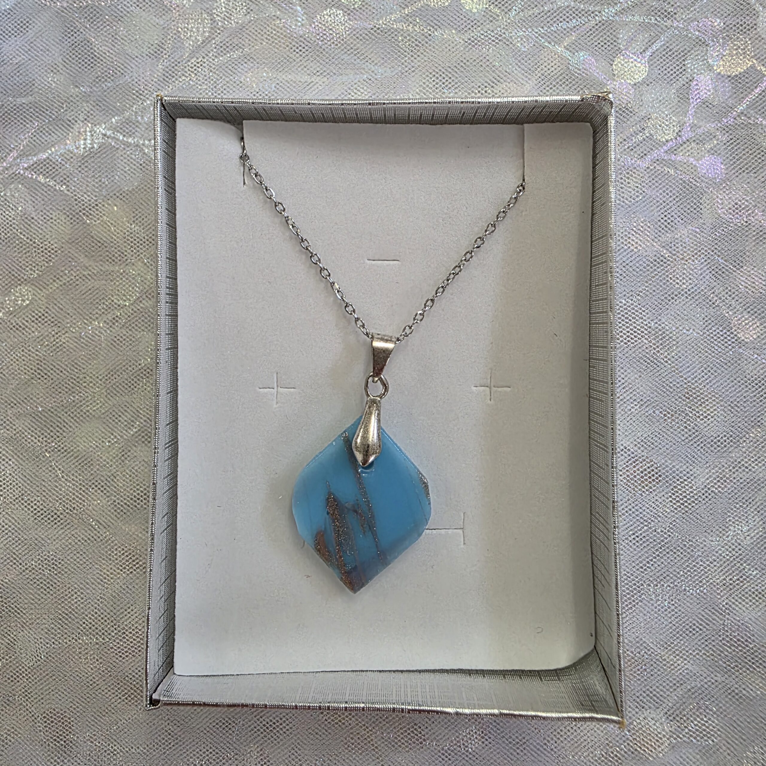 Valerie Light Cyan Blue Metallic Glass Necklace - Image 4