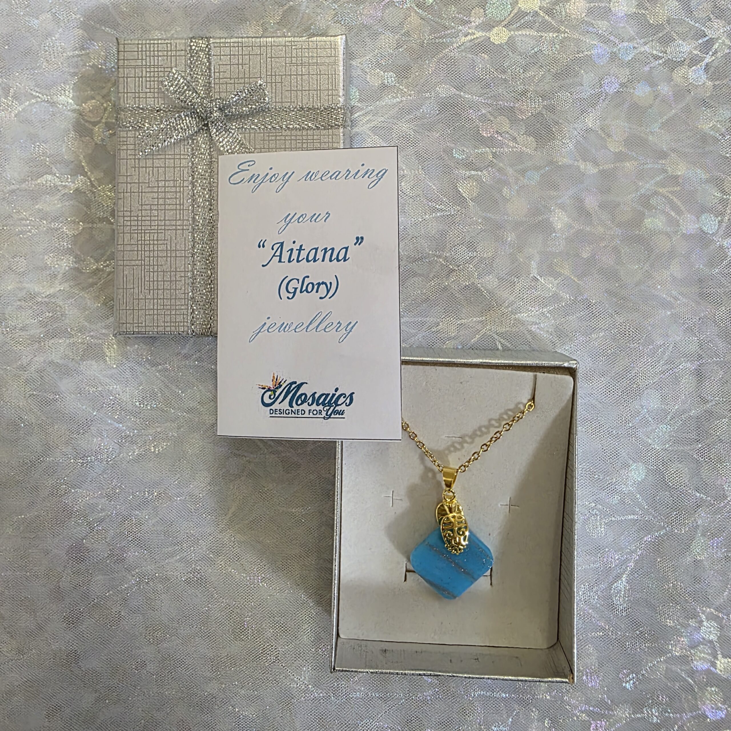 Aitana Light Cyan Blue Metallic Glass Necklace - Image 3