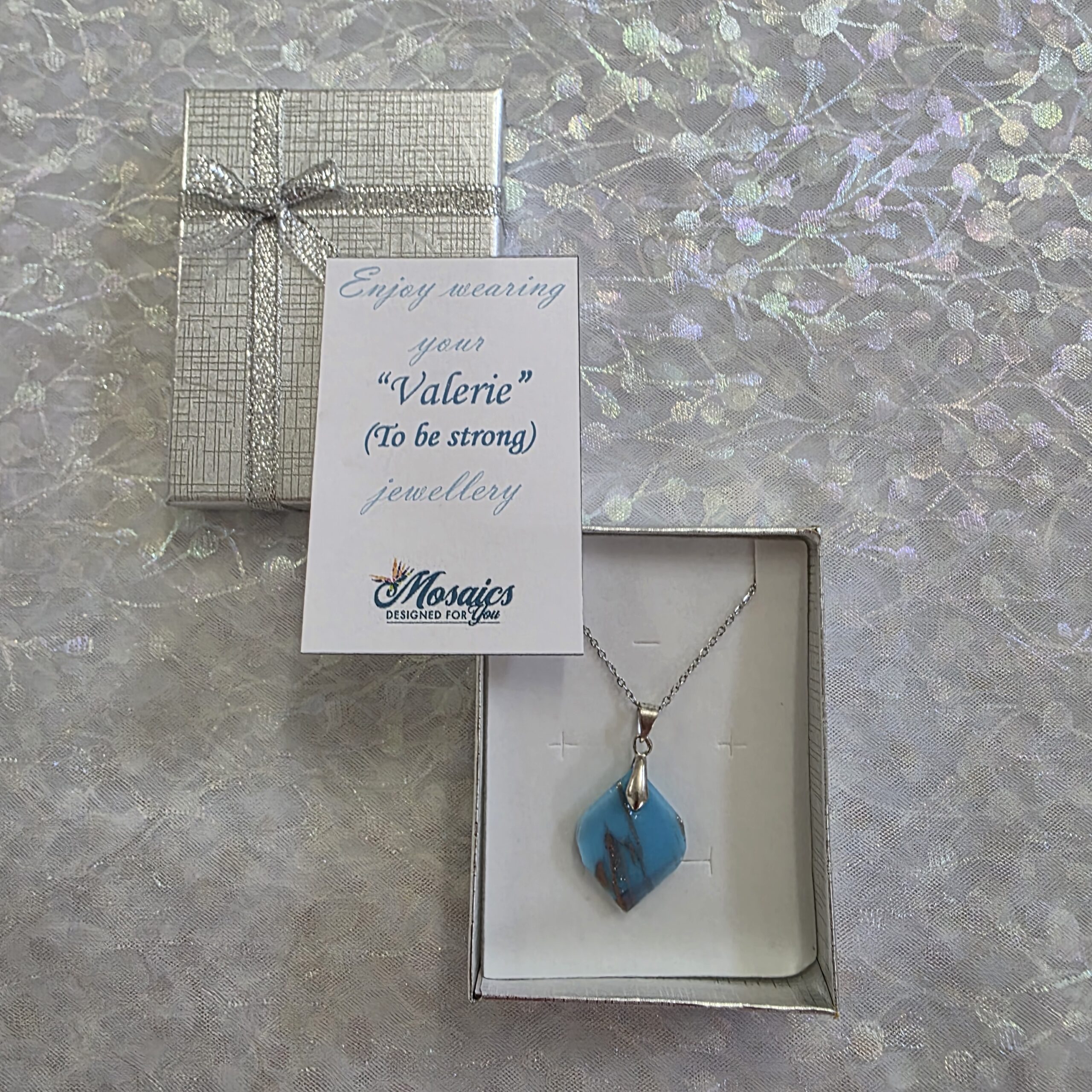 Valerie Light Cyan Blue Metallic Glass Necklace - Image 3