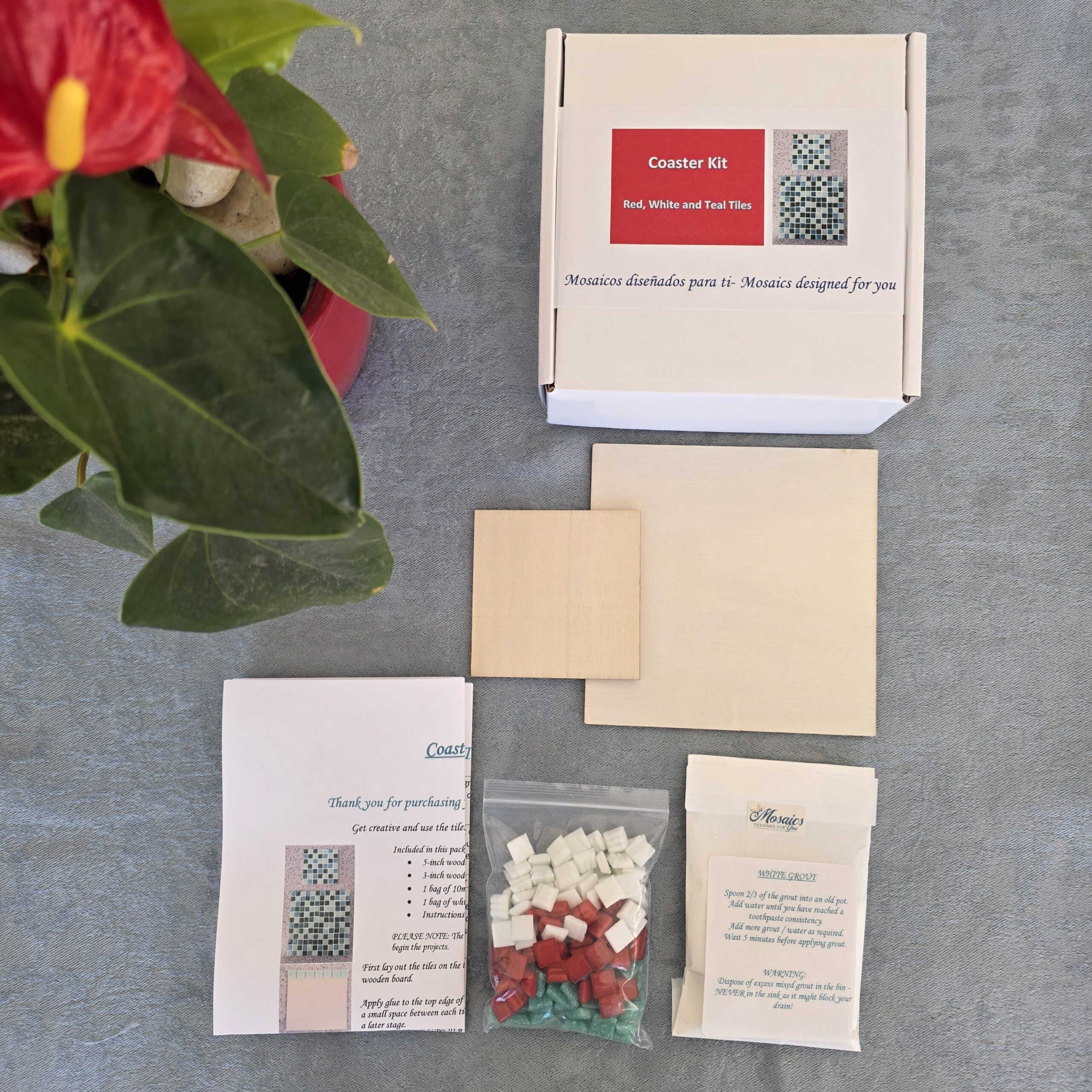 Coaster Mosaic Kit with Red, White and Teal tiles